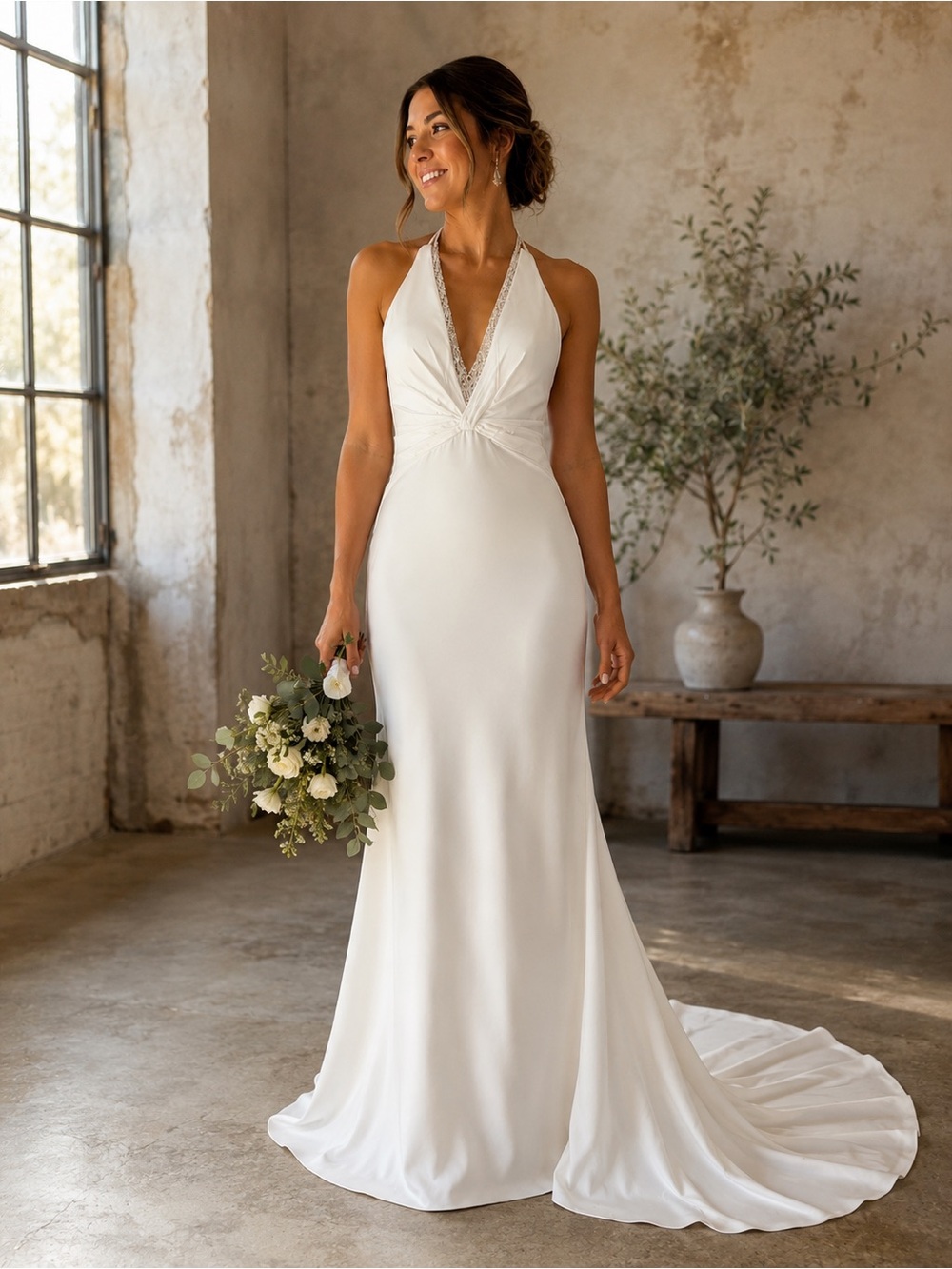Preloved Elegant Halter V-Neck White Bridal Gown